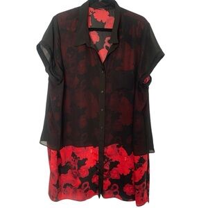 Michel Studio Collection Black & Red Floral Print Button Front Shirt Dress - 18